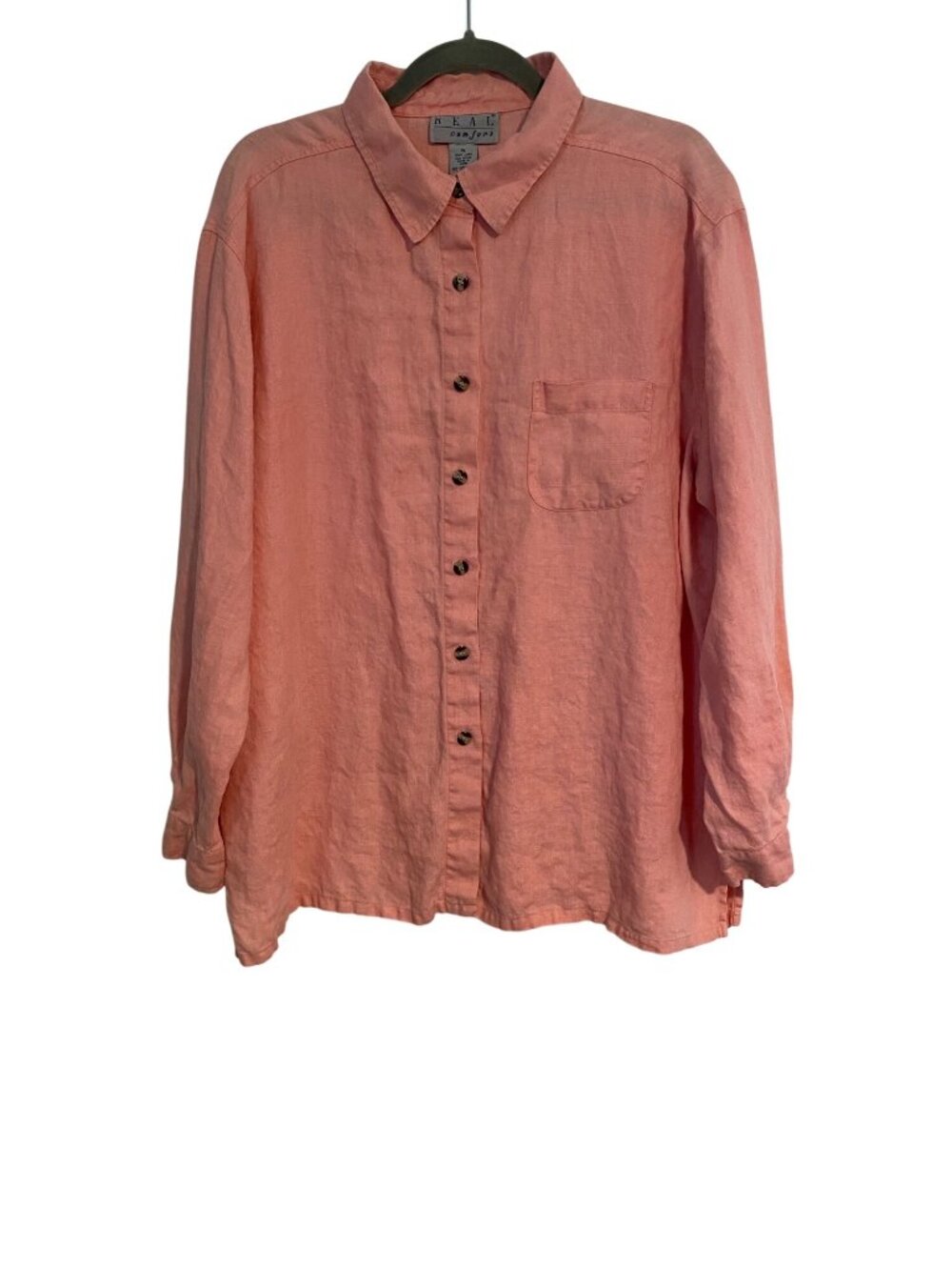 Real Comfort Women's XL Shirt Linen Button-Up Coral Long Sleeve Casual Comfy